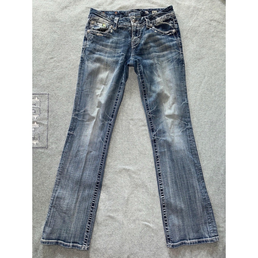 Miss Me Easy Boot Blue Denim Embellished Pocket Jeans Distressed Size 28